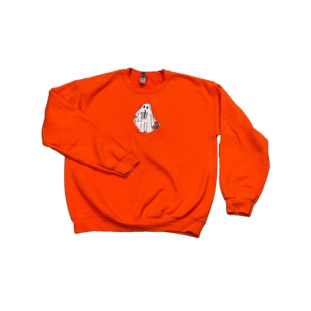Womens Sweatshirt Ghost Halloween Pumpkin Crewneck Orange Layering Casual Size M